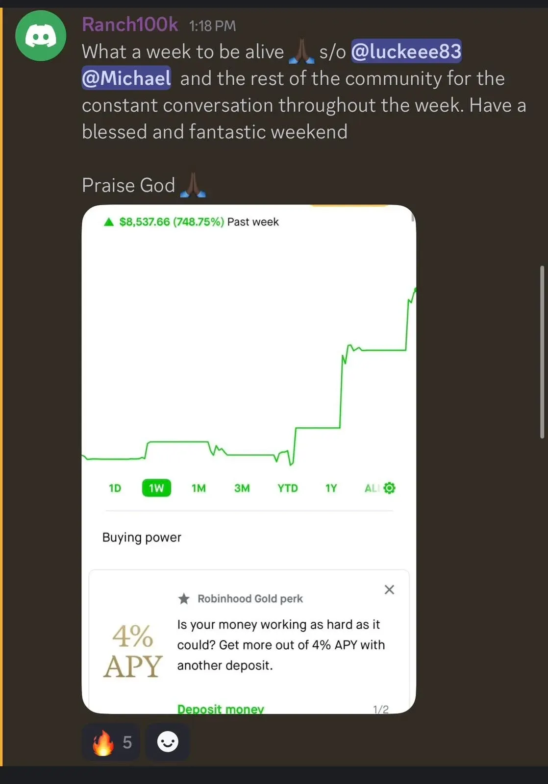 Discord post by Ranch100k with a one-week account chart