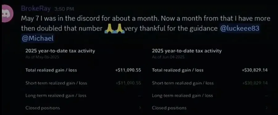 Discord message from BrokeRay with two year-to-date statements, saying their gains more than doubled in a month